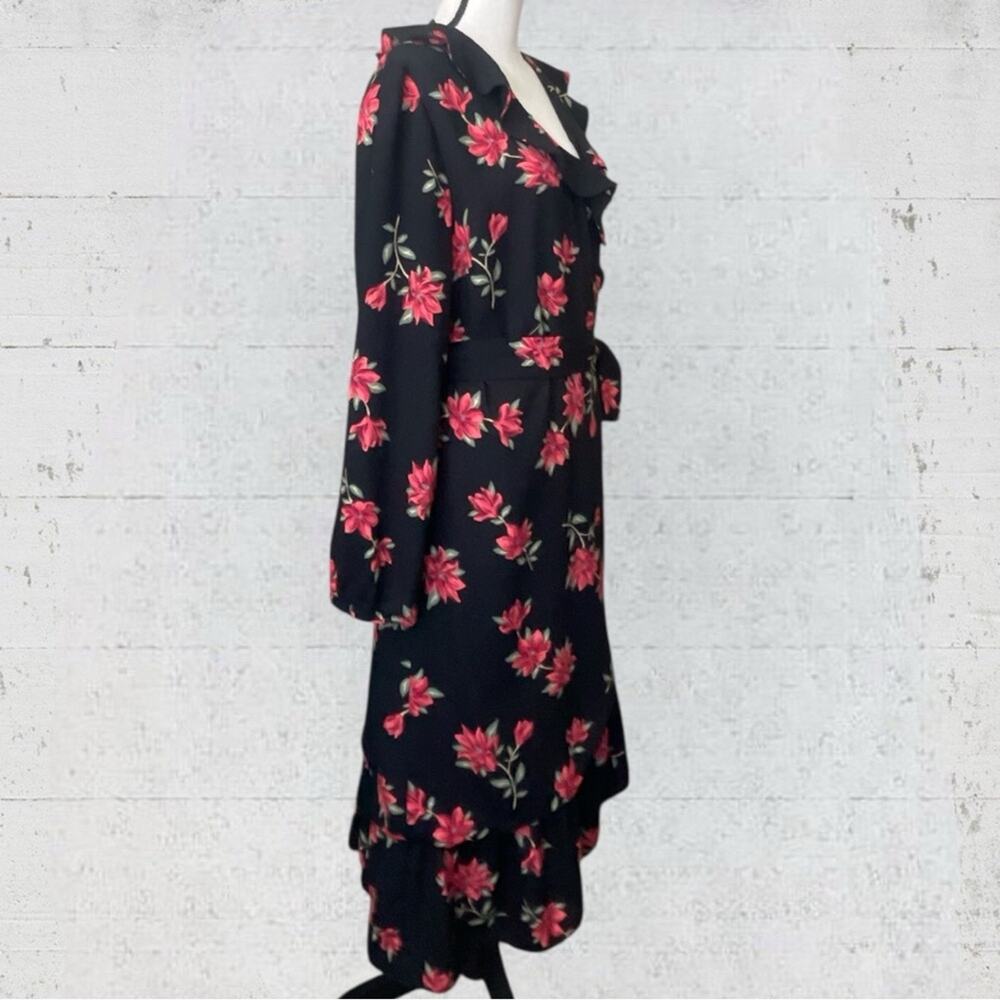 Draper James Black Floral Long Sleeve Ruffle Midi Wrap Dress Size XL Feminine - Picture 6 of 13